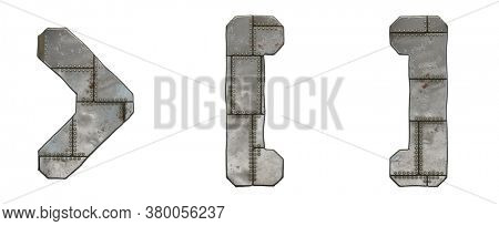Set of symbols right angle bracket, left and right square bracket made of industrial metal on white background 3d rendering