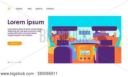 Couple Riding Vehicle. Back View Of Driver And Passenger Inside Car Interior. View From Backseat. Ve