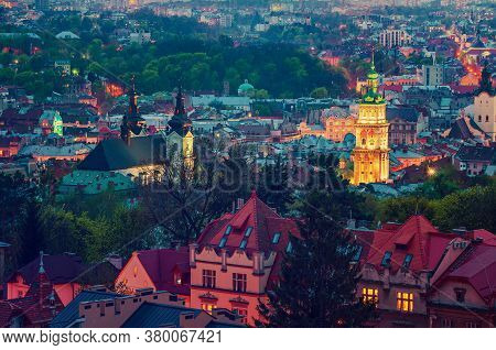 Night View Of Weastern European City Lviv, Architecture Background