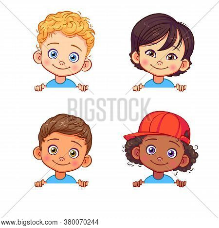 Cartoon Collection Of Little Boys Portraits, Various Human Races. Vector Children Characters Of Diff