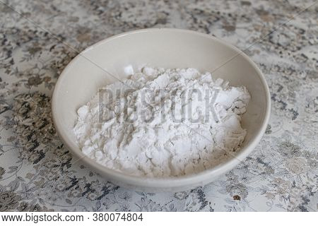 Raspberry Curd Pie Recipe Step By Step. Corn Starch, Flour In A White Bowl, Plate. Ingredient For Ho
