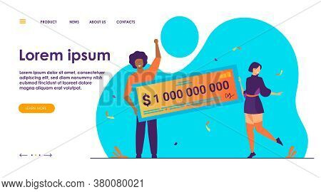 Happy Girl And Guy Winning Billion Of Cash, Getting Money Prize, Holding Bank Check. Flat Vector Ill
