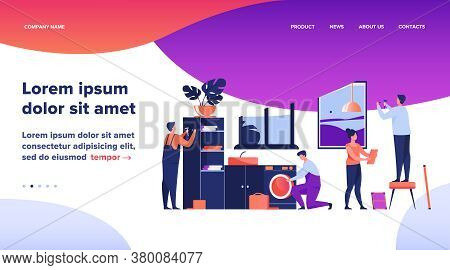 Handyman Working At Customer Home. Repair Man Fixing Washing Machine, Hammering Nails. Vector Illust