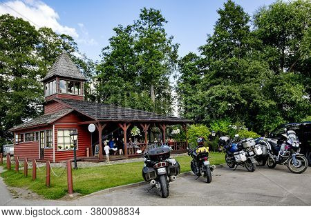 Latvia, Aluksne, August, 2020 - Wooden Cafe `martas` On The Shore Of The Lake In Aluksne, Latvia