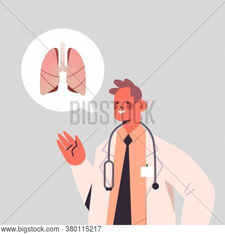 Male Doctor Pulmonologist And Chat Bubble With Human Lungs Healthcare Medicine Concept Portrait Vect