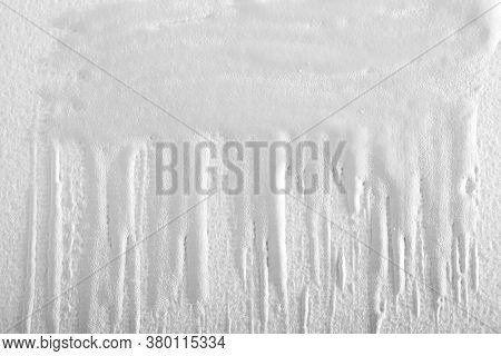 White Dripping Paint Texture On Interior Wall. Monochrome Hand Painted Pattern Effect Close Up