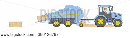 Blue Combine Harvester Mowing Wheat On White Background. Hay Removing Machinery Tractor With Driver.