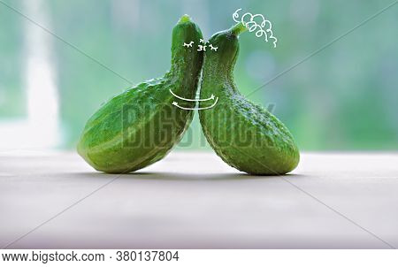 Funny Kissing Cucumbers. Cartoon Characters In Love. Paint Art On A Vegetables. Love And Togethernes
