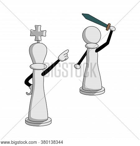 Cartoon White Chess Pieces. The Queen Sends A Pawn With A Sword Into Battle. Isolated Stock Vector I