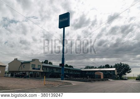 Wall, South Dakota - July 24, 2020: Sign For A Travelodge Motel. This Is A Cheap Hotel Chain For Tra