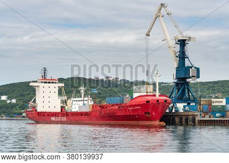 Portal Crane Unloading Cargo Container Ship Sasco Angara Russian Sakhalin Shipping Company At Pier C