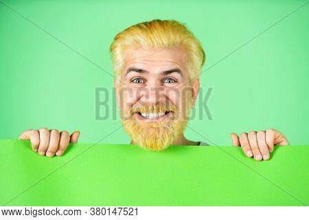 Happy Middle Age Man Presenting Empty Paper. Business Content Presentation. Blank, Empty Paper, Bill