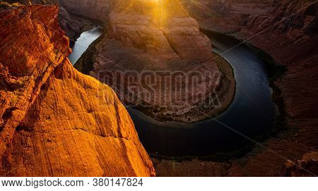 Panoramicview Of The Arizona Deserts. Colorado River At Sunset Adventure Place
