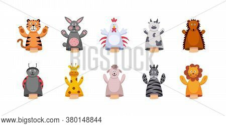 Cute Cartoon Animal Hand Or Finger Puppet Set Isolated On White Background