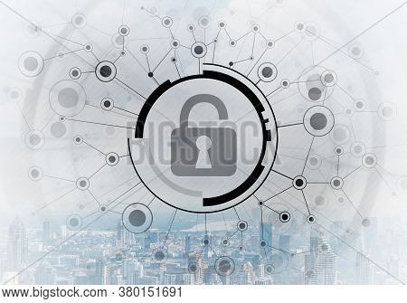 Cybersecurity Mixed Media With Virtual Locking Padlock On Cityscape Background. Data Privacy Protect