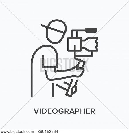 Video Blogger Flat Line Icon. Vector Outline Illustration Of Camera Man, Videographer Holding Steadi