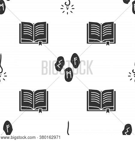 Set Magic Staff, Magic Runes And Ancient Magic Book On Seamless Pattern. Vector