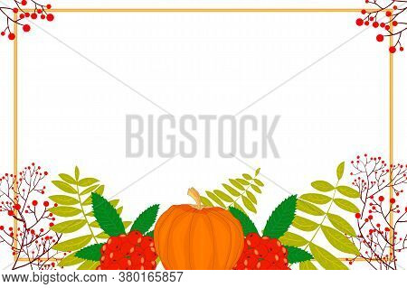 Autumn Seasonal Banner Template. Autumn Pumpkin, Rowan Berry And Leaves Border Frame With Copy Space