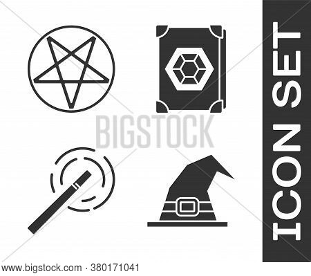 Set Witch Hat, Pentagram In A Circle, Magic Wand And Ancient Magic Book Icon. Vector