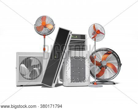 3d Rendering Orange Fans Air Conditioners And Portable Air Conditioners White Background With Shadow