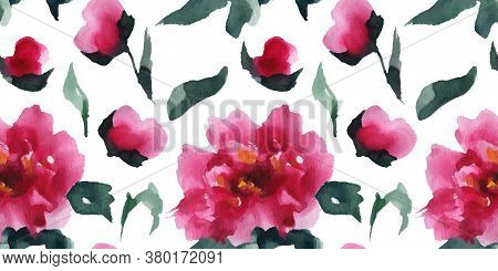 Floral Seamless Pattern Of Pink Peones, Chinese Watercolor Art