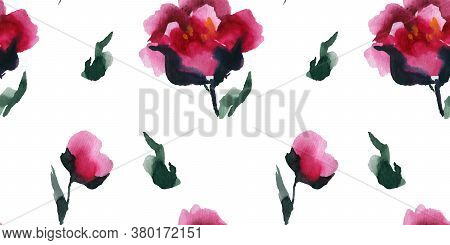 Blooming Chinese Peones Seamless Pattern, Abstract Watercolor Art