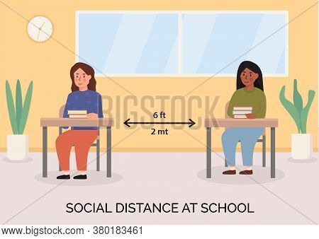 Social Distancing At School Concept Illustration. Children Sitting In The Classroom With Books On Th
