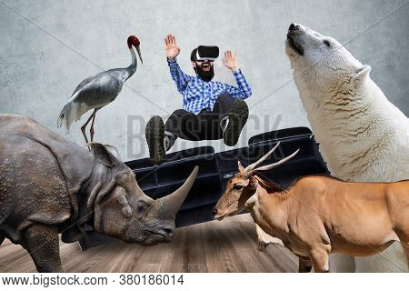Man In Vr Glasses, Surrounded By Virtual Animals, Virtual World Immersion Concept