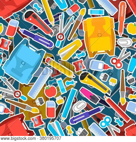 Back To School Pattern Seamless. Study Supplies Background. School Texture. Briefcase, Pencil And Er