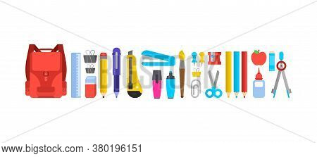 School Set. Study Supplies: Briefcase, Pencil And Eraser. Ruler And Pen. Kepler And Strong