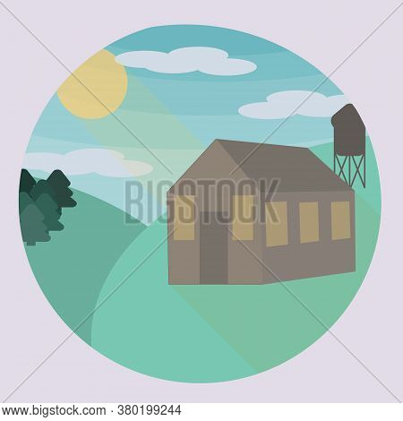Cute Cartoon Fantasy Summer Sunny Day With Curvy Rounded Hills And Beatuful Rural Small House, Trees