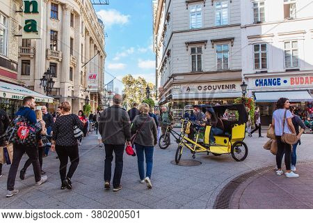 Budapest, Hungary. October 2019: Tourists And Visitors On The Famous Vaci Street, The Main Shopping 