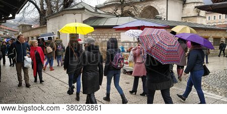 Sarajevo, Bosnia And Herzegovina, March 8, 2020. People On The Central Streets Of Sarajevo. Tourists