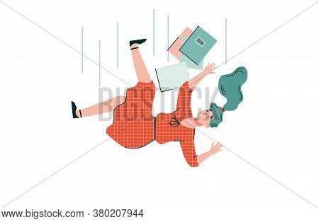 Shocked Young Woman With Books Is Falling Down. Accident, Injury, Dismissal From Work Or Expulsion F