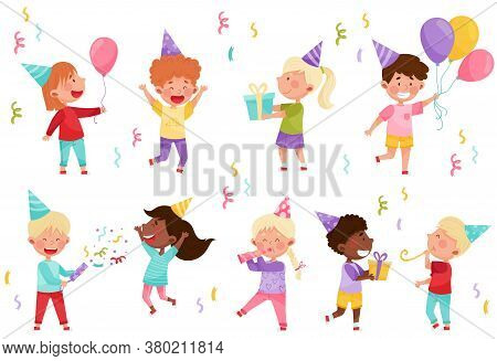 Kid Characters In Birthday Hat At A Party Holding Gift Boxes And Balloons Vector Illustration Set