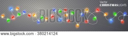 Christmas Heart Lights Seamless Border On Transparent Background. Glowing Garland For Xmas Holiday. 