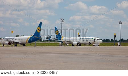 Kyiv, Ukraine - June 23, 2020: Ukraine International Airlines Boeing 737-800. The Plane Lands At The