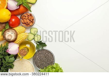 Different Food On White Background, Space For Text