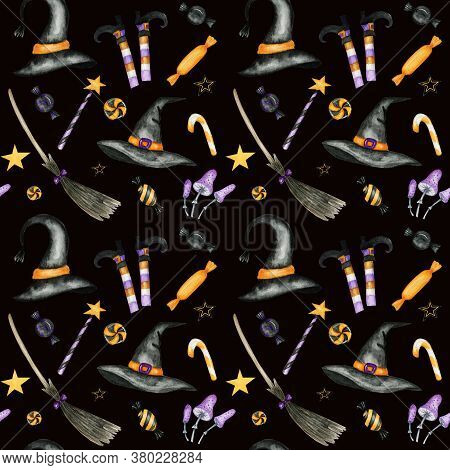 Happy Halloween Seamless Pattern With Wich Hat, Broom, Magic Wand, Candy Sweets Party Decorations. W