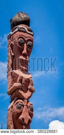 Lake Toba, Indonesia - February 27 2018: A Bataknese Style Totem Pole, Samosir Island, Lake Toba, In