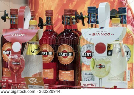 Krasnoyarsk, Russia, August 10, 2020: Bottles Of Martini Bianco And Fiero Liqueurs On The Shop Windo