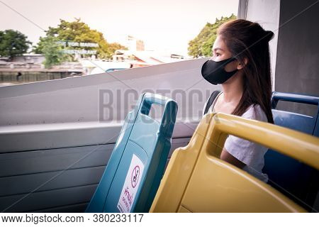 A Woman Was On A Passenger Ship And She Followed The Social Distancing. Bangkok,thailand