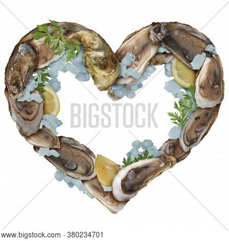Oysters Love As A Group Of Oyster Shells With Lemon Slices And Ice As A Gourmet Food And Aphrodisiac