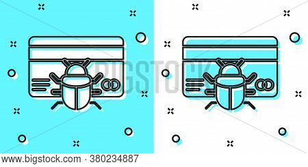 Black Line System Bug In Credit Card Icon Isolated On Green And White Background. Code Bug Concept. 