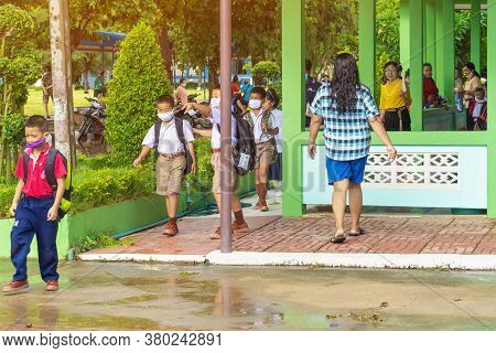 Kanchanaburi,thailand-july 2,2020:thai Students Wear Various Medical Masks To Prevent Themselves Fro