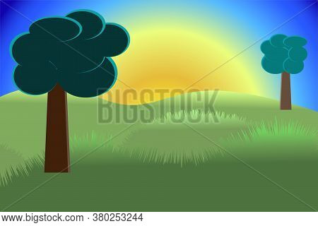 Fresh Green Meadow With Grass And Tree. Vector Template Background.