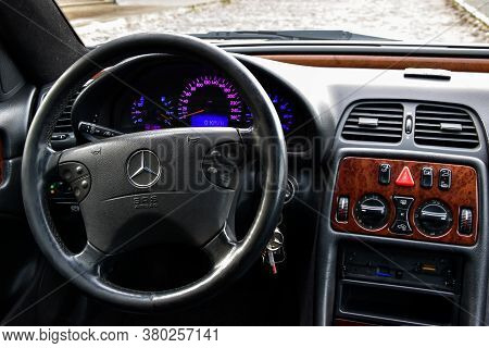 Riga, Latvia - April 22, 2018: Interior Of Silver Mercedes-benz Coupe Clk200 Kompressor - W208, 2001