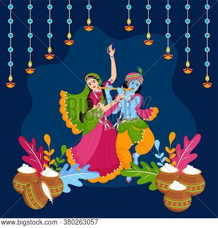 Illustration Of Radha Krishna Dancing With Each Other In Celebration Of Happy Janmashtami And Holi C