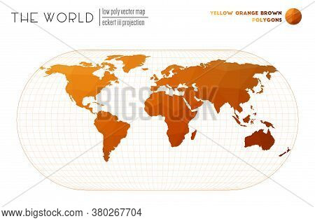 World Map With Vibrant Triangles. Eckert Iii Projection Of The World. Yellow Orange Brown Colored Po
