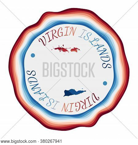 Virgin Islands Badge. Map Of The Island With Beautiful Geometric Waves And Vibrant Red Blue Frame. V